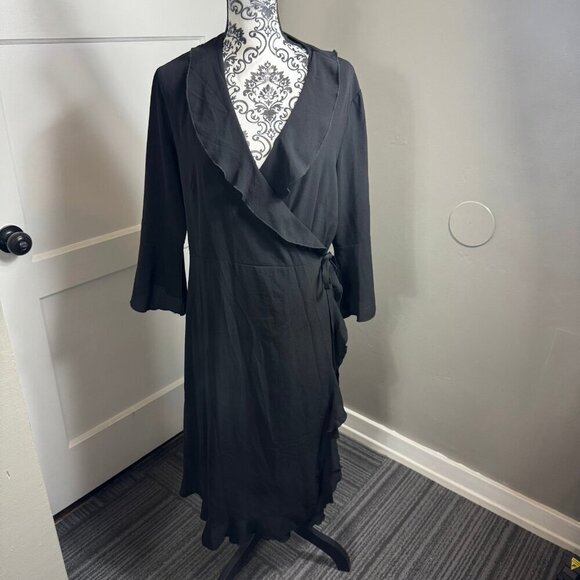 Outrageous Fortune Plus ruffle wrap dress with fluted sleeve in black - Picture 3 of 11